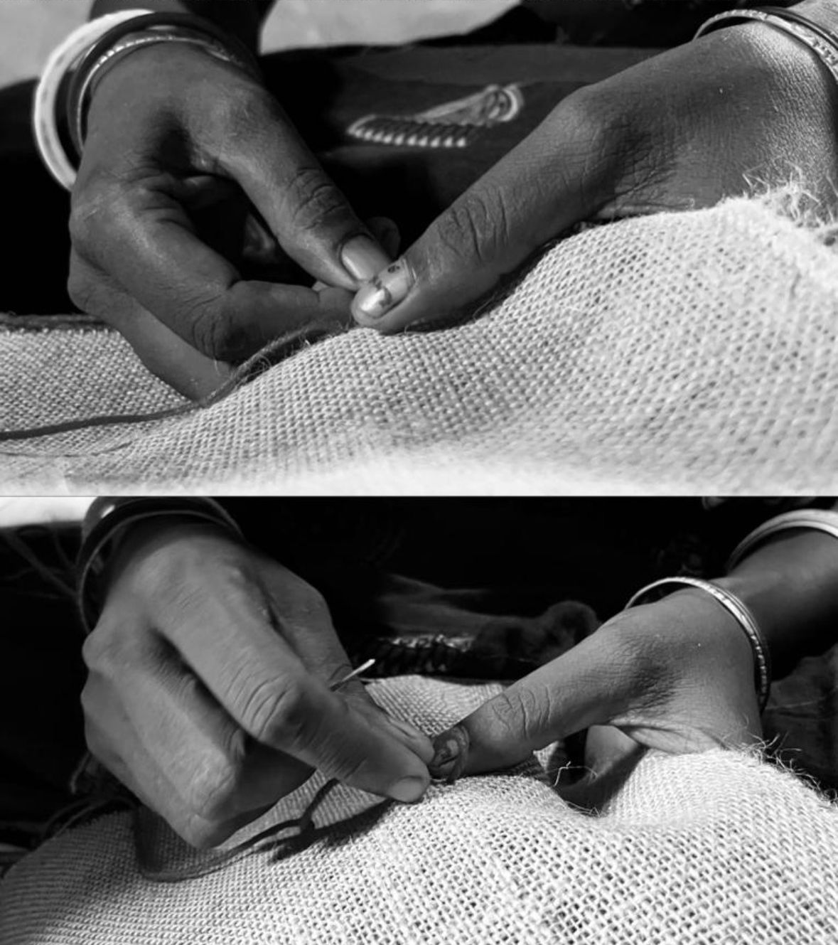 Women weaving on jute as a part of their regular business chores.